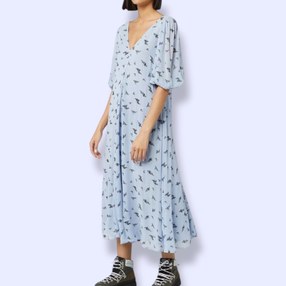 Ganni Printed Georgette Puff Sleeve Dress Brunnera Blue Size 32